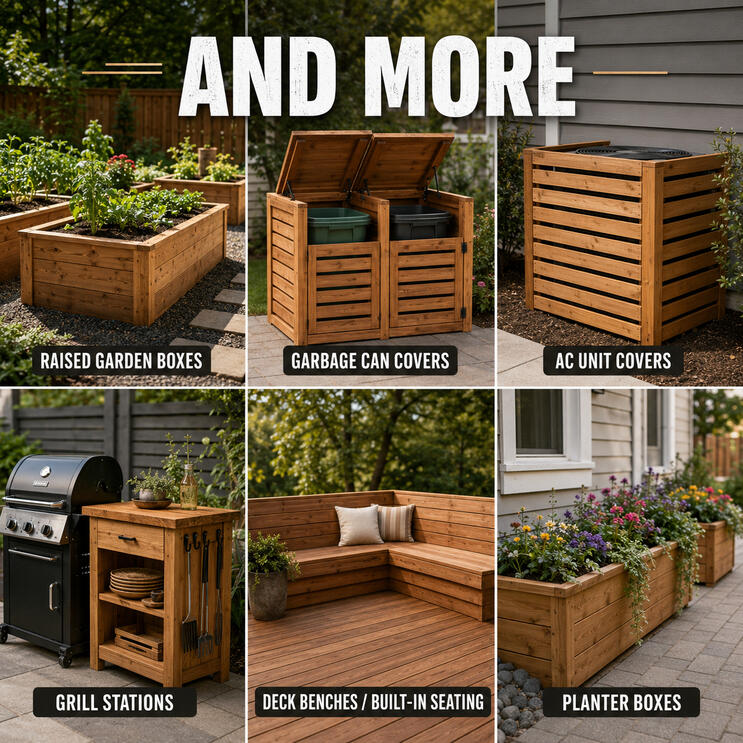 Collage of additional outdoor services including raised garden boxes, garbage can covers, AC unit covers, grill stations, deck benches, and planter boxes.