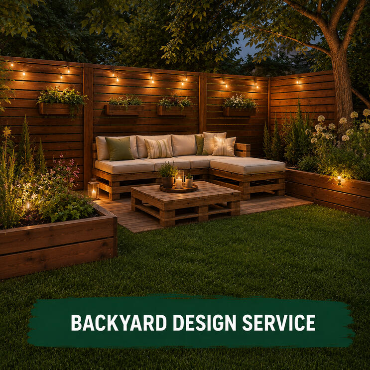 Backyard design service featuring wooden outdoor living elements and grass lawn.