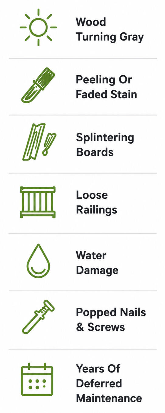 Common signs a deck needs attention, including gray wood, faded stain, splintering boards, loose railings, water damage, popped nails, and deferred maintenance.