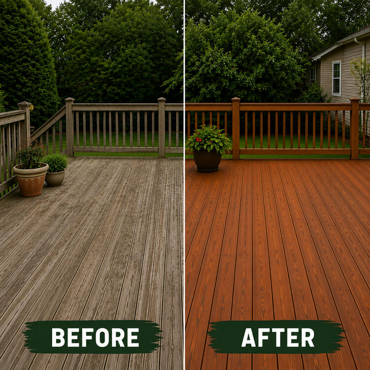 Before and after deck refresh showing a weathered deck restored with a clean stained finish.