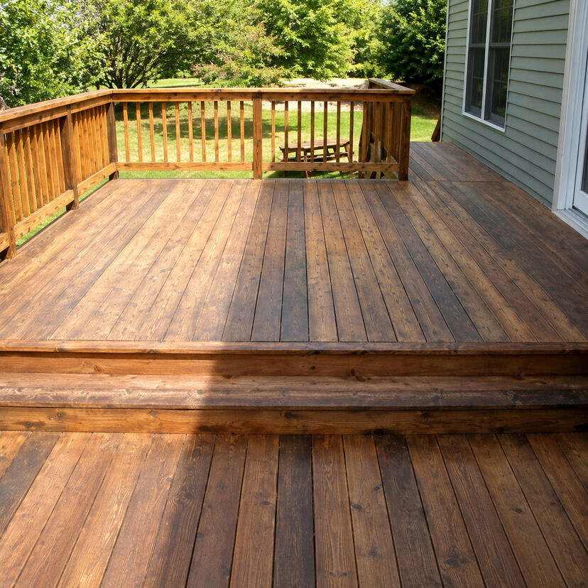 Before and after comparison of a weathered deck restored with a warmer stained finish.