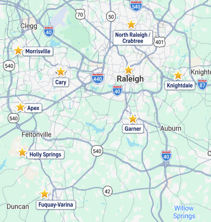 Map showing Raleigh Outdoor Spaces service areas including Raleigh, Cary, Morrisville, Apex, Holly Springs, Fuquay-Varina, Garner, Knightdale, Wake Forest, and North Raleigh.