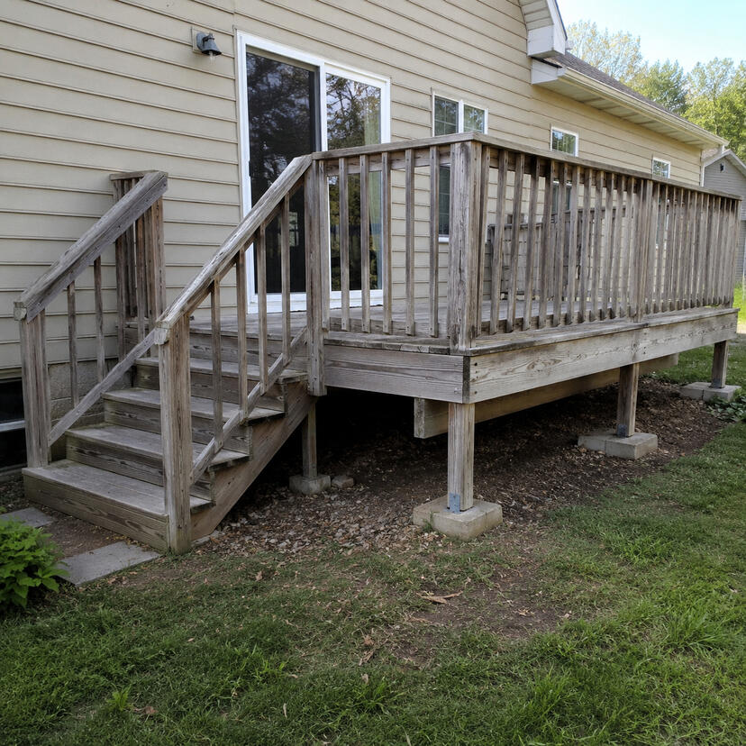 Before and after comparison of a small elevated deck refreshed with a darker stained finish.