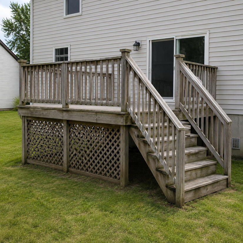 Before and after comparison of a weathered deck restored with dark walnut stain.