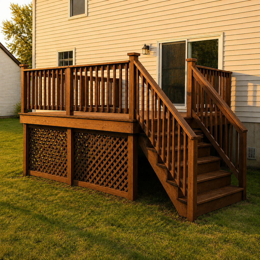 Before and after comparison of a weathered deck restored with dark walnut stain.